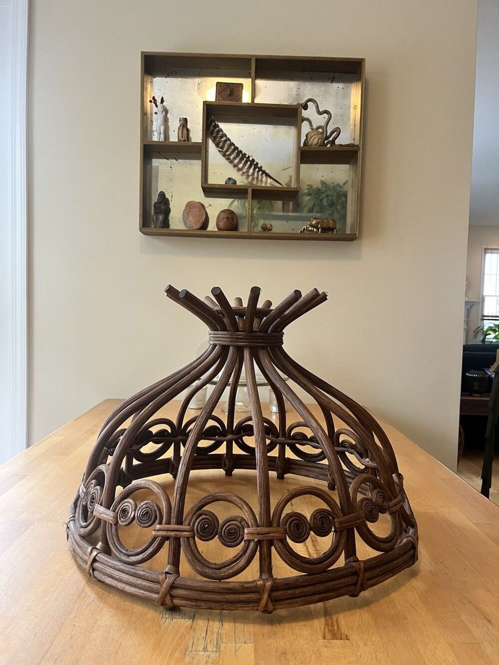 Rare Vintage MCM Bamboo Curled Wicker Pendant Lampshade 1960’s Boho Home Decor - Picture 6 of 8